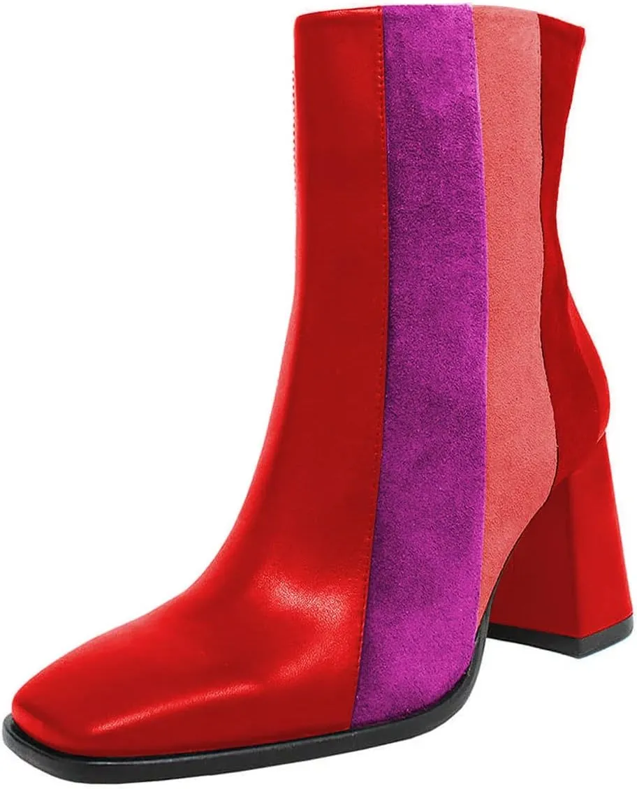 YDN Women Square Toe Ankle Boots Block High Heel Booties Fashion Contrast Stitching Party Evening Shoes Size 4-15 US