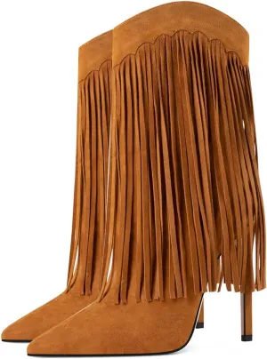 YDN Women Stiletto High Heel Mid Calf Boots Pointed Toe Tassel Cowboy Shoes Western Fashion Casual Boots Size 4-15 US