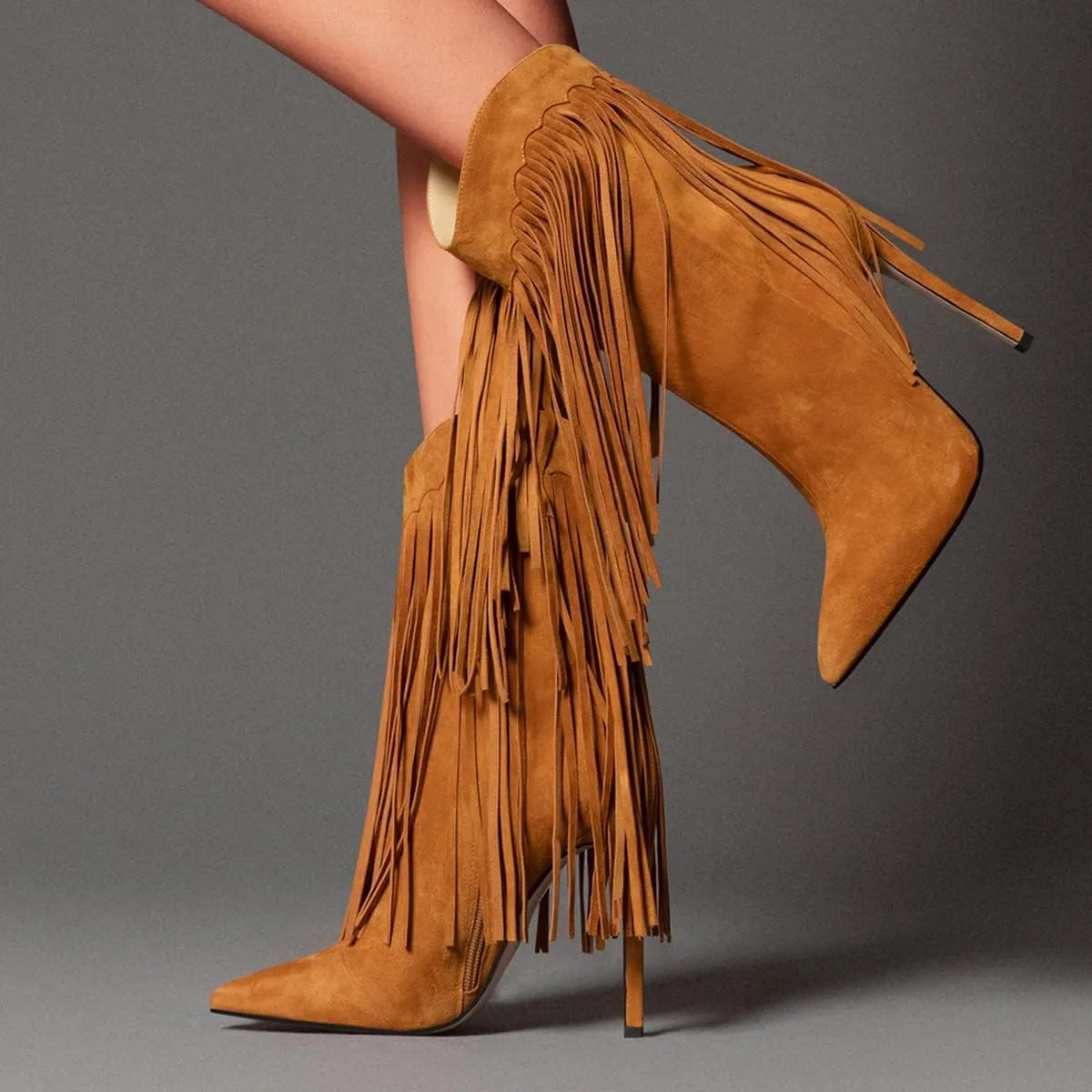 YDN Women Stiletto High Heel Mid Calf Boots Pointed Toe Tassel Cowboy Shoes Western Fashion Casual Boots Size 4-15 US