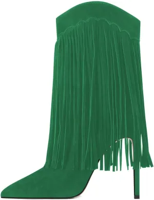 YDN Women Stiletto High Heel Mid Calf Boots Pointed Toe Tassel Cowboy Shoes Western Fashion Casual Boots Size 4-15 US