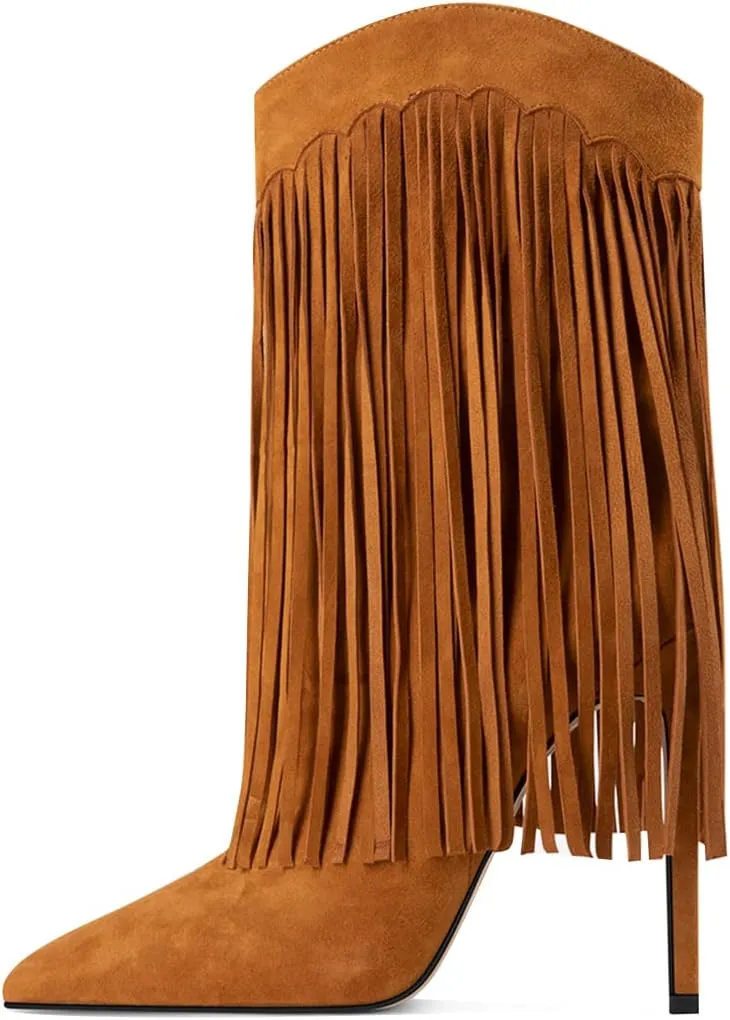 YDN Women Stiletto High Heel Mid Calf Boots Pointed Toe Tassel Cowboy Shoes Western Fashion Casual Boots Size 4-15 US