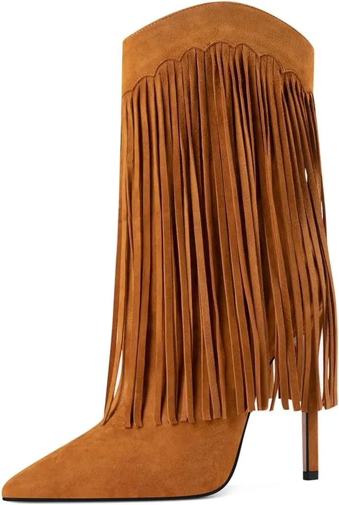 YDN Women Stiletto High Heel Mid Calf Boots Pointed Toe Tassel Cowboy Shoes Western Fashion Casual Boots Size 4-15 US