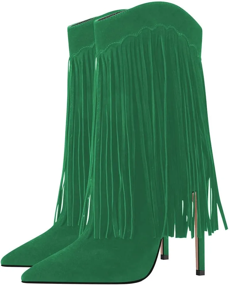 YDN Women Stiletto High Heel Mid Calf Boots Pointed Toe Tassel Cowboy Shoes Western Fashion Casual Boots Size 4-15 US