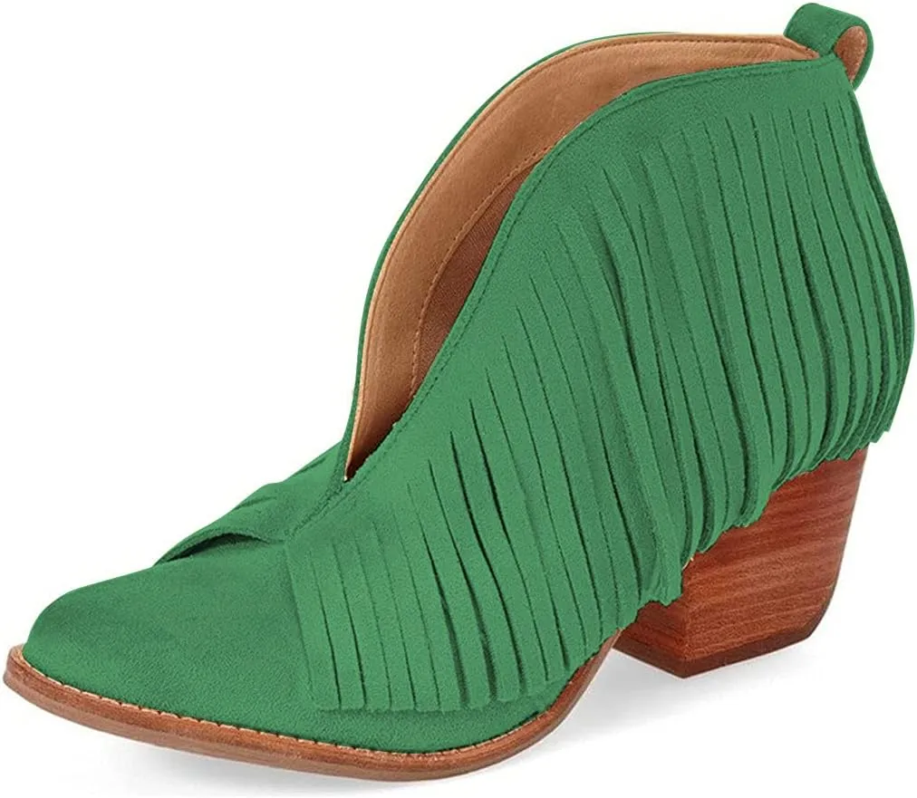 YDN Women Western Ankle High Boots with Tassels Round Toe Block Heel Suede Retro Booties Shoes Size 4-15 US