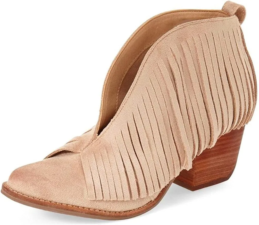 YDN Women Western Ankle High Boots with Tassels Round Toe Block Heel Suede Retro Booties Shoes Size 4-15 US