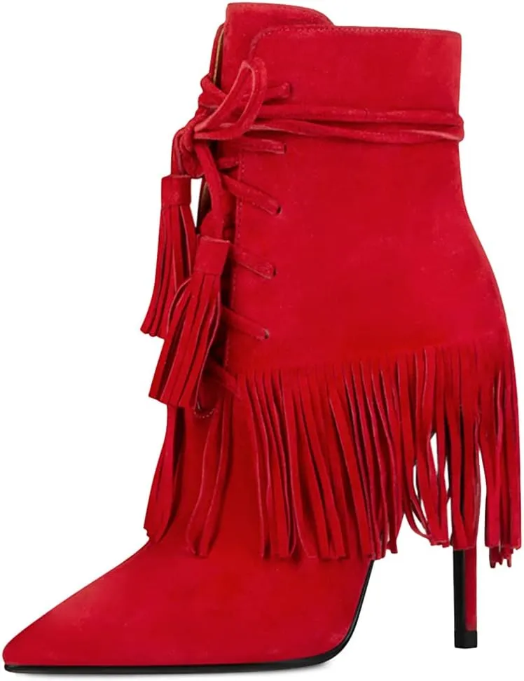 YDN Women Western Cowgirl Lace up Tassel Mid Calf Ankle Booties Stiletto High Heel Suede Side Zipper Booties Fashion Party Shoes Size 4-15 US