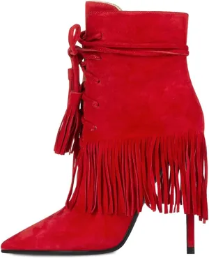 YDN Women Western Cowgirl Lace up Tassel Mid Calf Ankle Booties Stiletto High Heel Suede Side Zipper Booties Fashion Party Shoes Size 4-15 US