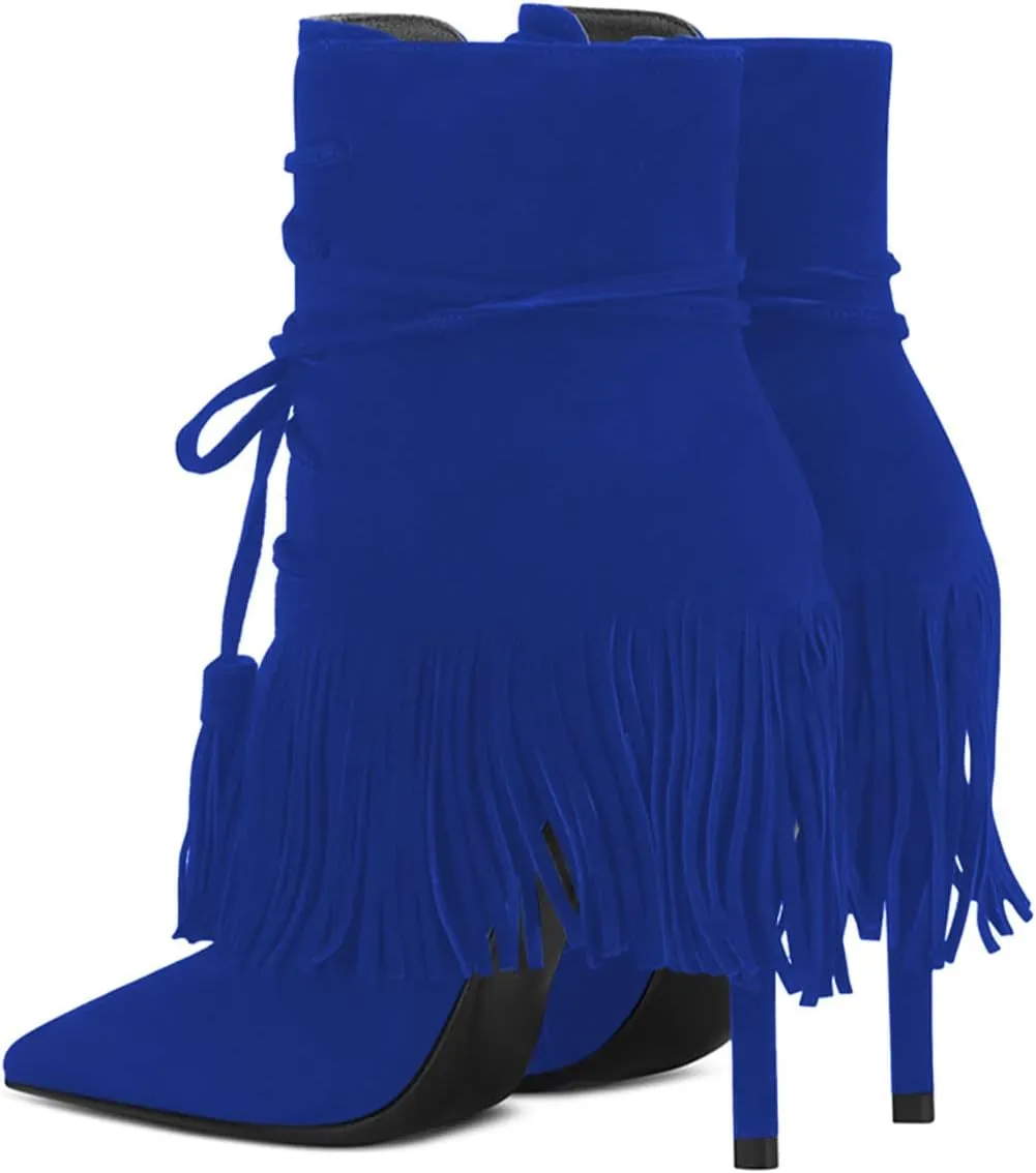 YDN Women Western Cowgirl Lace up Tassel Mid Calf Ankle Booties Stiletto High Heel Suede Side Zipper Booties Fashion Party Shoes Size 4-15 US