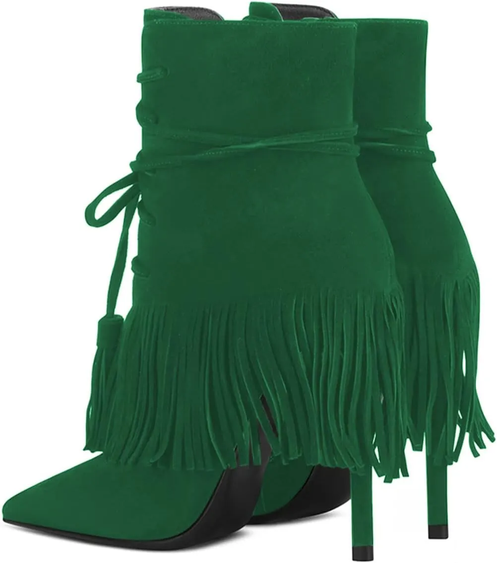 YDN Women Western Cowgirl Lace up Tassel Mid Calf Ankle Booties Stiletto High Heel Suede Side Zipper Booties Fashion Party Shoes Size 4-15 US