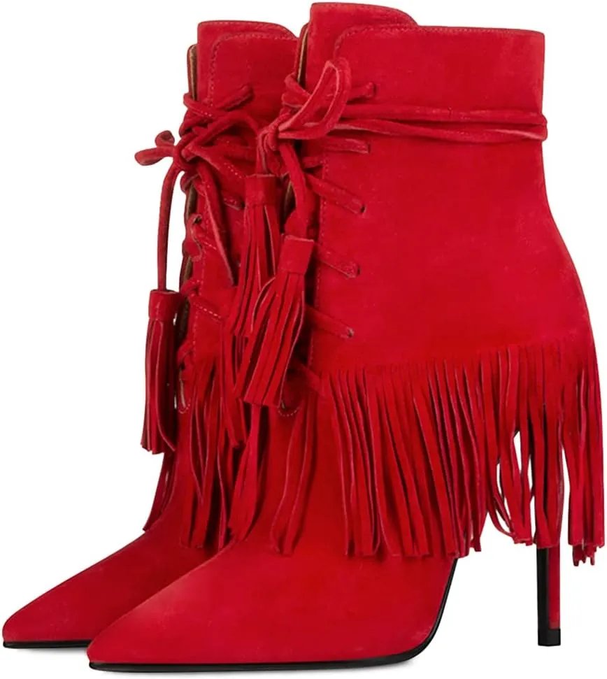 YDN Women Western Cowgirl Lace up Tassel Mid Calf Ankle Booties Stiletto High Heel Suede Side Zipper Booties Fashion Party Shoes Size 4-15 US