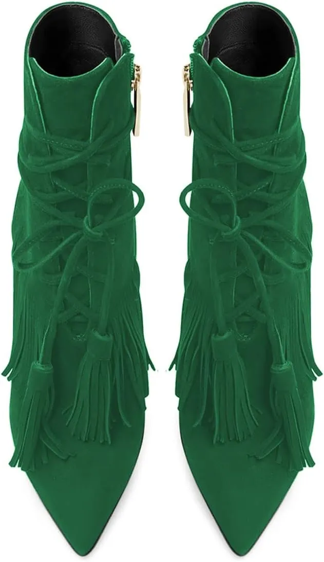 YDN Women Western Cowgirl Lace up Tassel Mid Calf Ankle Booties Stiletto High Heel Suede Side Zipper Booties Fashion Party Shoes Size 4-15 US