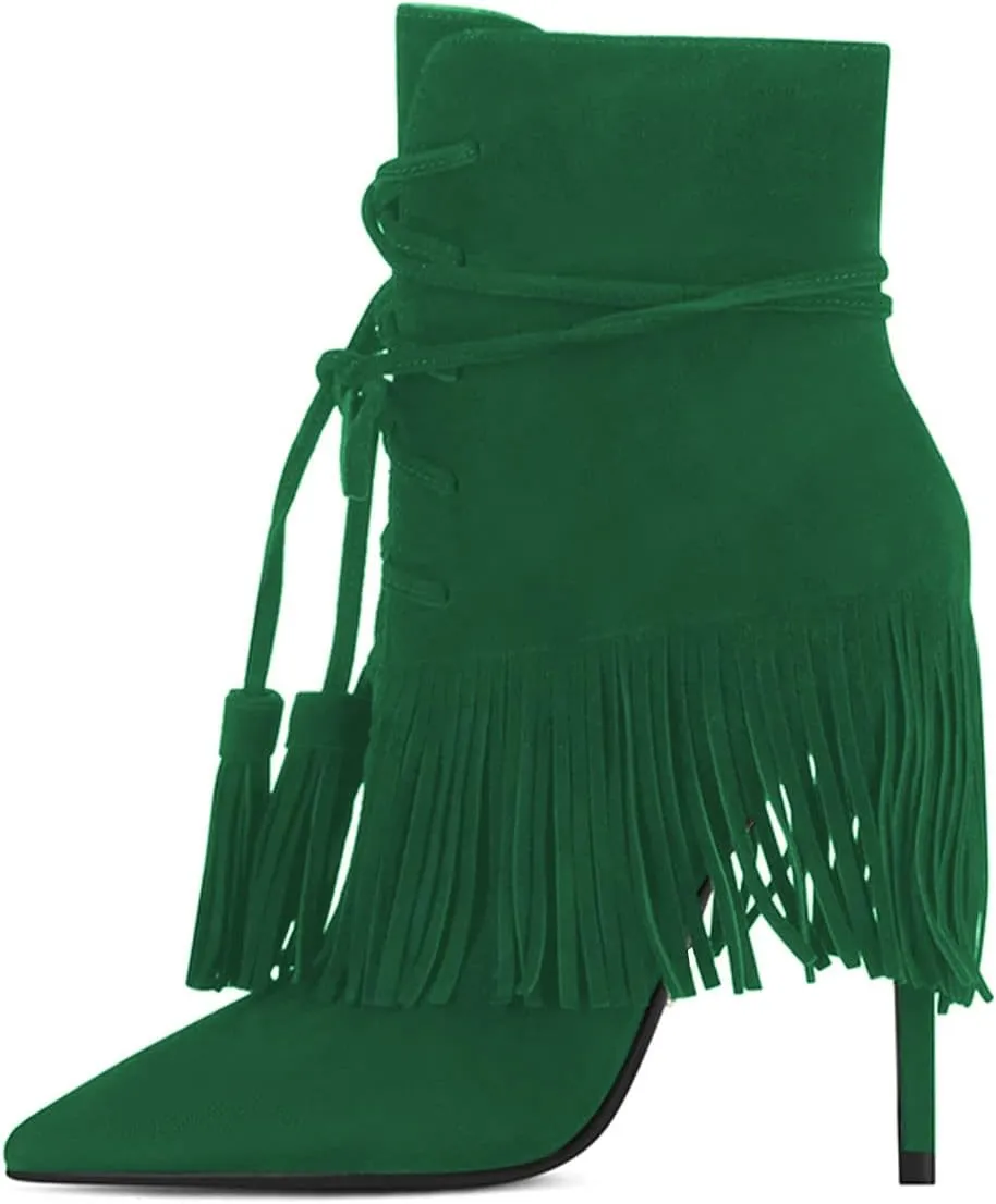 YDN Women Western Cowgirl Lace up Tassel Mid Calf Ankle Booties Stiletto High Heel Suede Side Zipper Booties Fashion Party Shoes Size 4-15 US