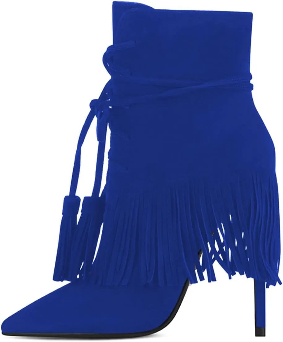 YDN Women Western Cowgirl Lace up Tassel Mid Calf Ankle Booties Stiletto High Heel Suede Side Zipper Booties Fashion Party Shoes Size 4-15 US