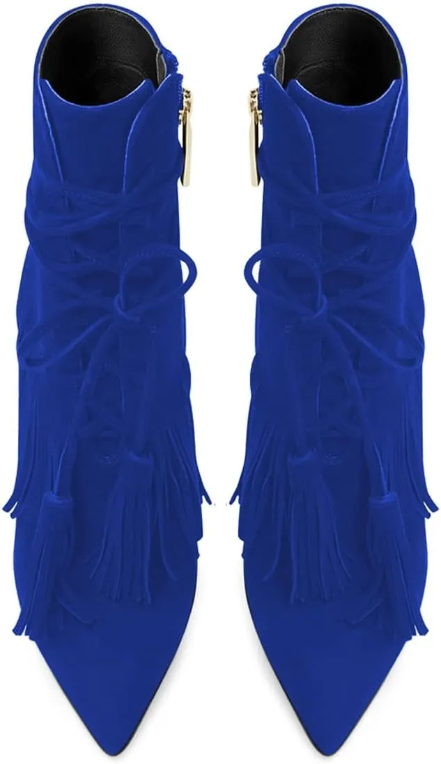 YDN Women Western Cowgirl Lace up Tassel Mid Calf Ankle Booties Stiletto High Heel Suede Side Zipper Booties Fashion Party Shoes Size 4-15 US