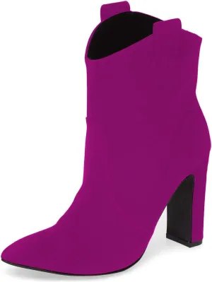 YDN Women Western Pointed Toe Chunky High Heel Ankle Booties Pull on Boots Shoes
