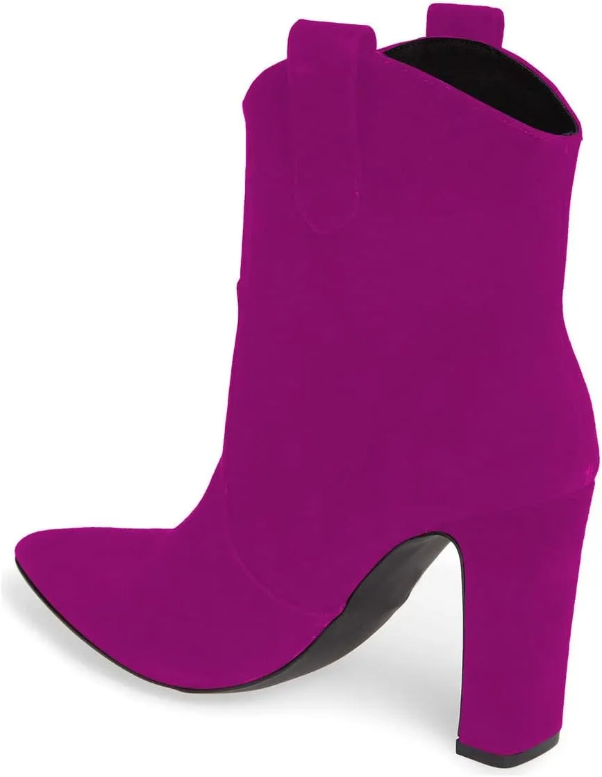 YDN Women Western Pointed Toe Chunky High Heel Ankle Booties Pull on Boots Shoes