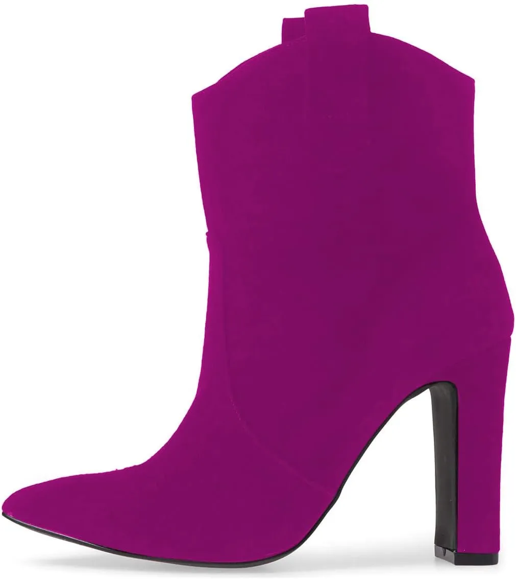 YDN Women Western Pointed Toe Chunky High Heel Ankle Booties Pull on Boots Shoes