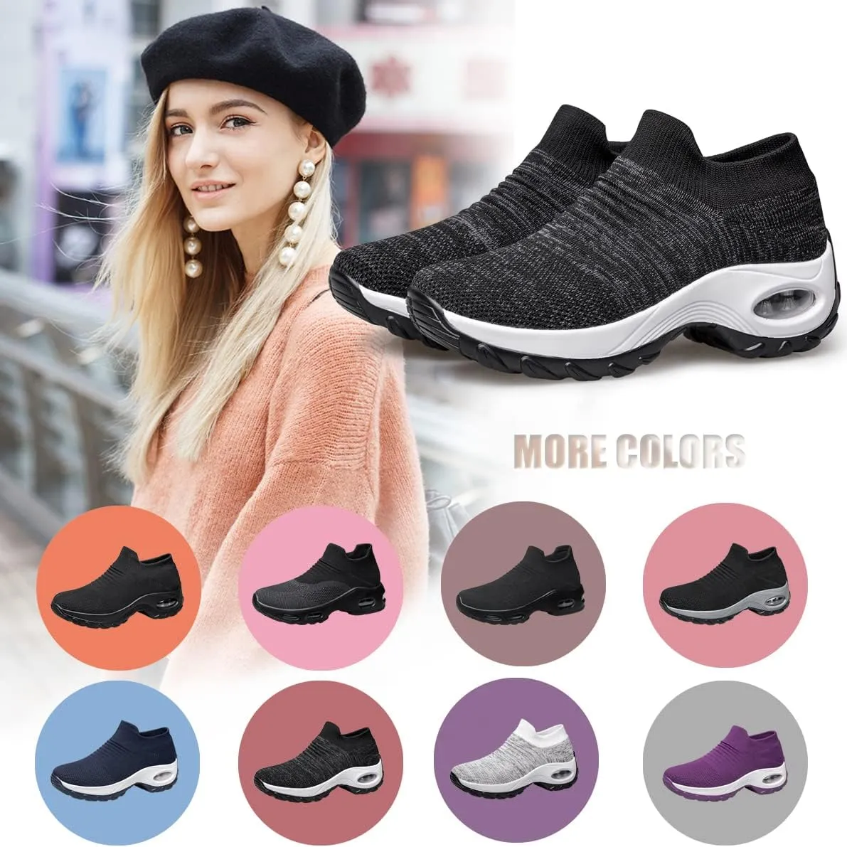 YHOON Women's Walking Shoes - Sock Sneakers Slip on Mesh Platform Air Cushion Athletic Shoes Work Nurse Comfortable