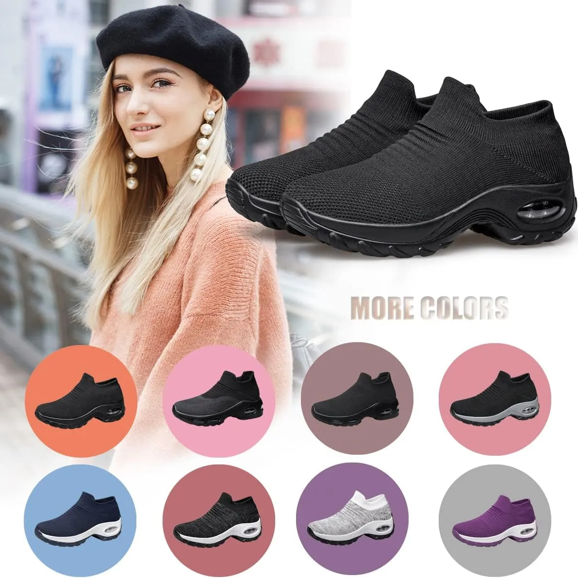YHOON Women's Walking Shoes - Sock Sneakers Slip on Mesh Platform Air Cushion Athletic Shoes Work Nurse Comfortable