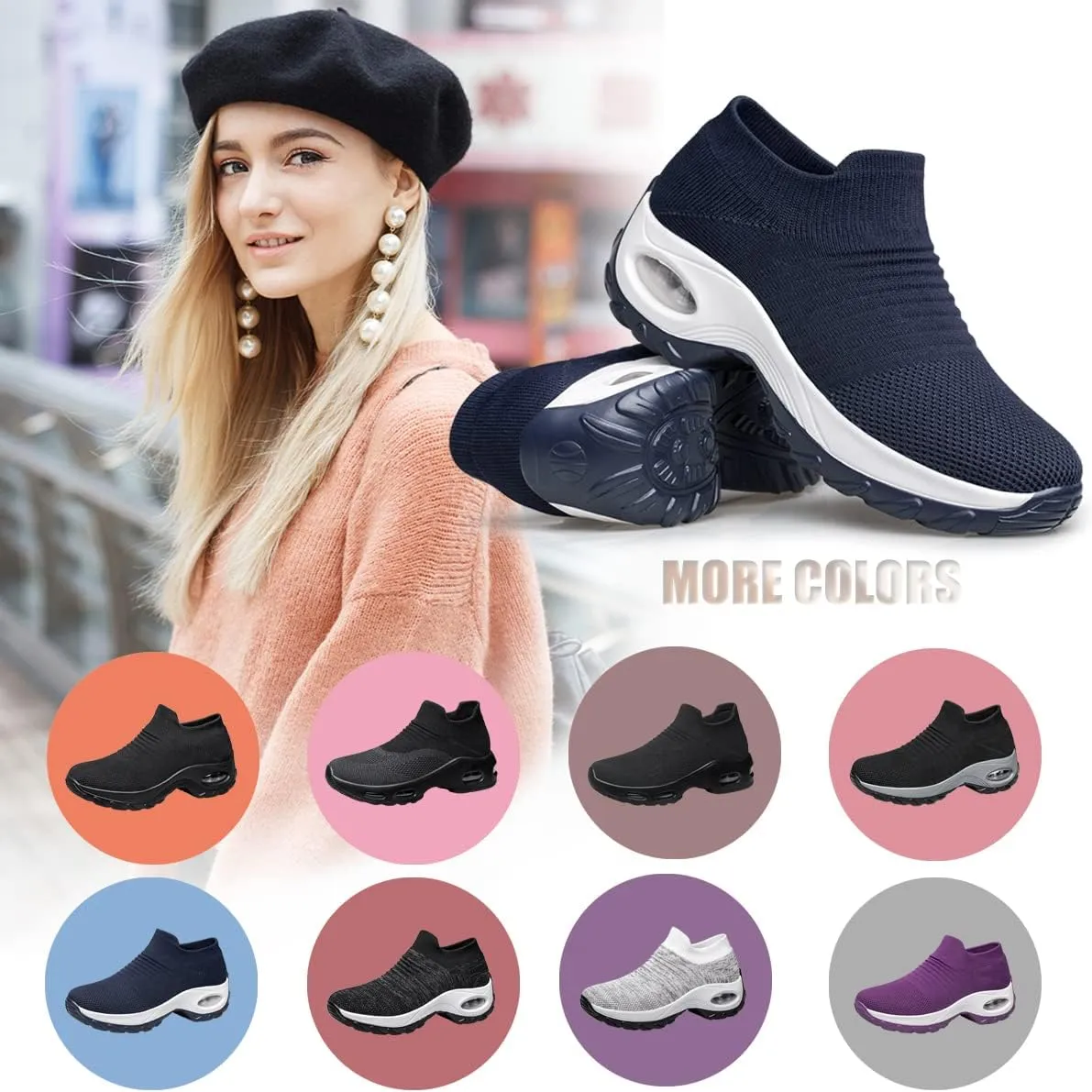 YHOON Women's Walking Shoes - Sock Sneakers Slip on Mesh Platform Air Cushion Athletic Shoes Work Nurse Comfortable