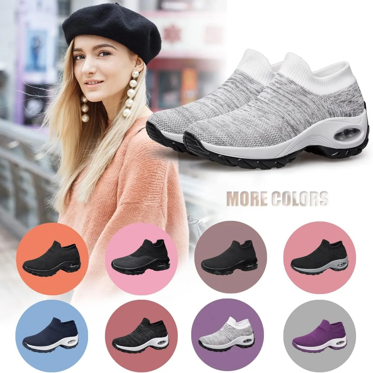 YHOON Women's Walking Shoes - Sock Sneakers Slip on Mesh Platform Air Cushion Athletic Shoes Work Nurse Comfortable