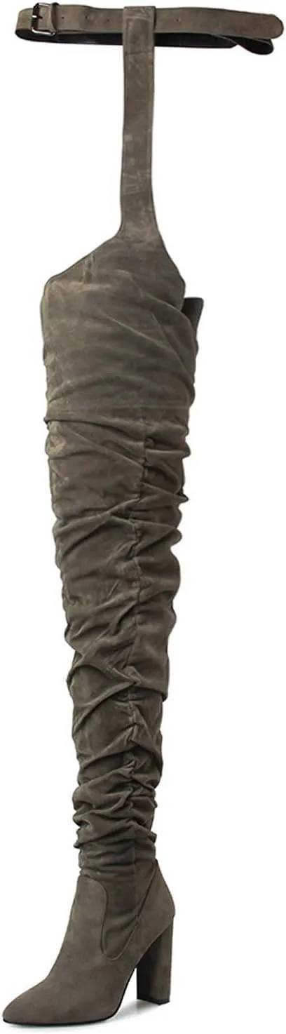 YIYA Slouch Over The Knee Boots for Women Suede Combat T-Tied Belt Thigh High Boots Sexy Pointed Toe High Heel Long Boots