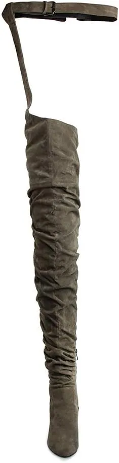 YIYA Slouch Over The Knee Boots for Women Suede Combat T-Tied Belt Thigh High Boots Sexy Pointed Toe High Heel Long Boots