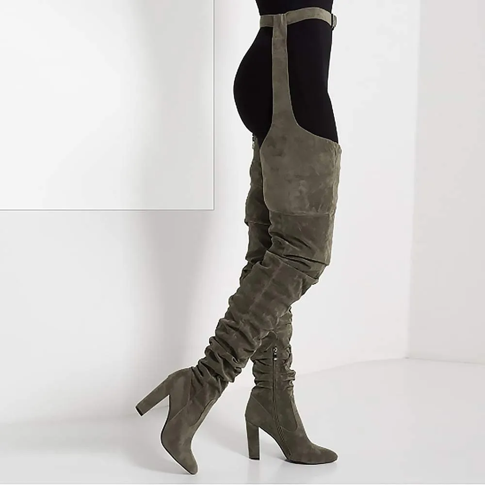 YIYA Slouch Over The Knee Boots for Women Suede Combat T-Tied Belt Thigh High Boots Sexy Pointed Toe High Heel Long Boots