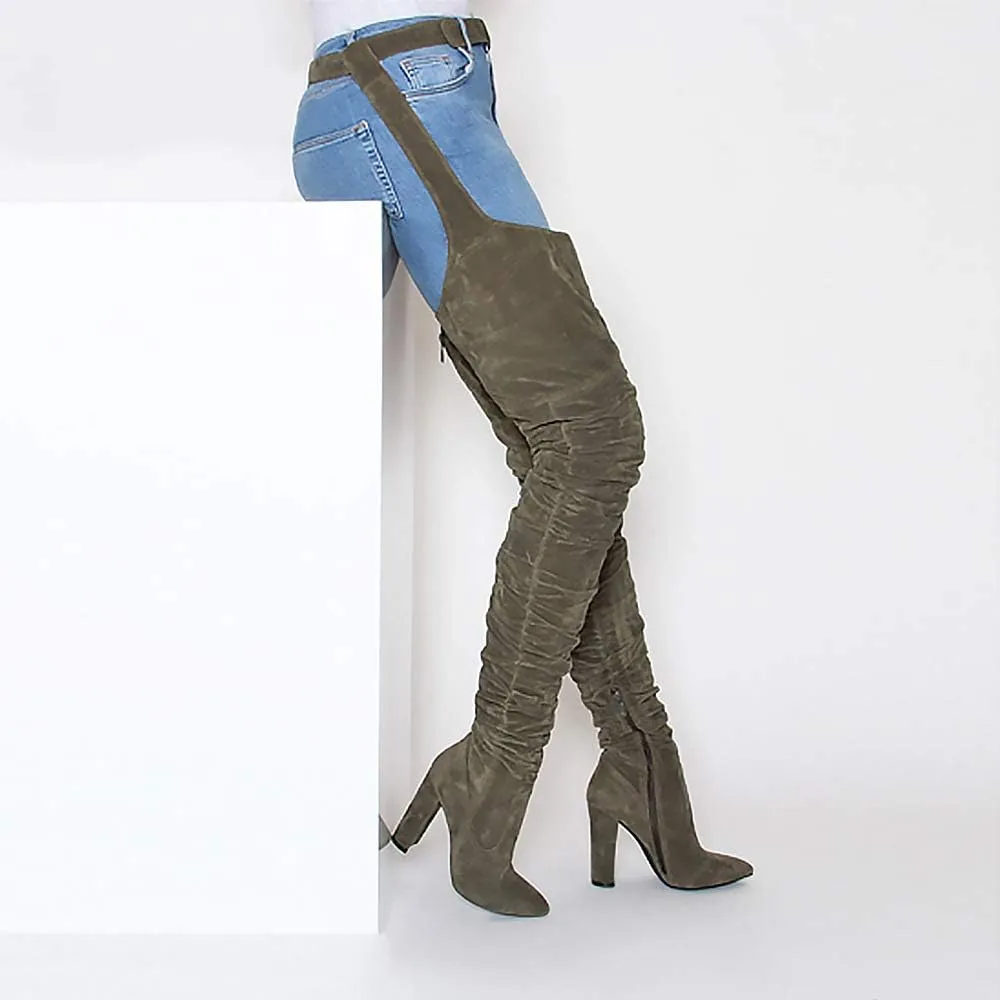 YIYA Slouch Over The Knee Boots for Women Suede Combat T-Tied Belt Thigh High Boots Sexy Pointed Toe High Heel Long Boots