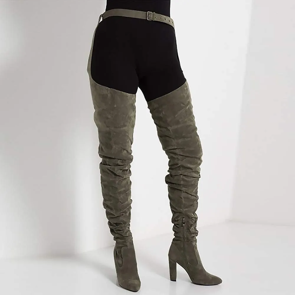 YIYA Slouch Over The Knee Boots for Women Suede Combat T-Tied Belt Thigh High Boots Sexy Pointed Toe High Heel Long Boots