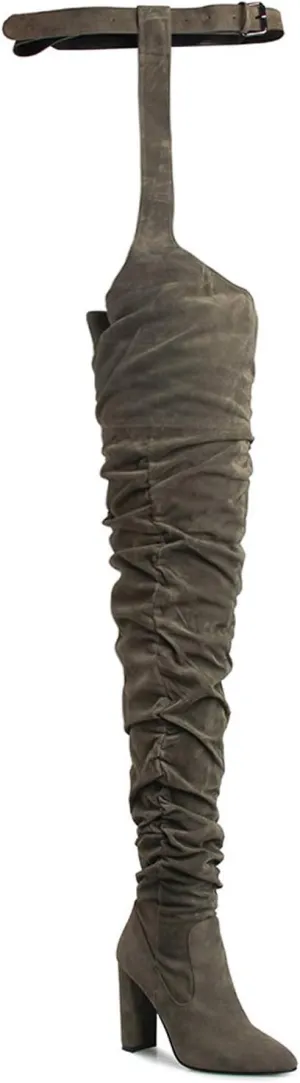 YIYA Slouch Over The Knee Boots for Women Suede Combat T-Tied Belt Thigh High Boots Sexy Pointed Toe High Heel Long Boots