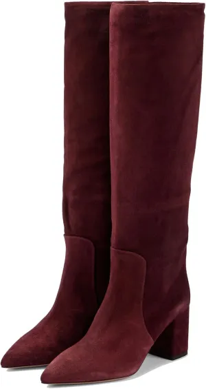 YIYA Women's Wine Red Suede Fall Knee High Boots Pointed Toe Chunky Block High Heels Party Dress Pull On Long Boots