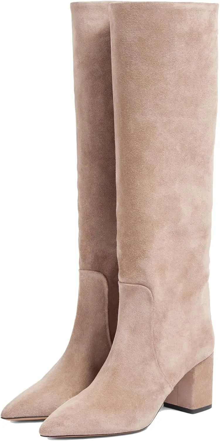 YIYA Women's Wine Red Suede Fall Knee High Boots Pointed Toe Chunky Block High Heels Party Dress Pull On Long Boots