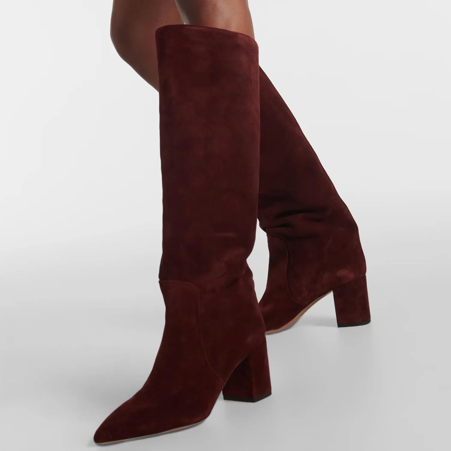 YIYA Women's Wine Red Suede Fall Knee High Boots Pointed Toe Chunky Block High Heels Party Dress Pull On Long Boots