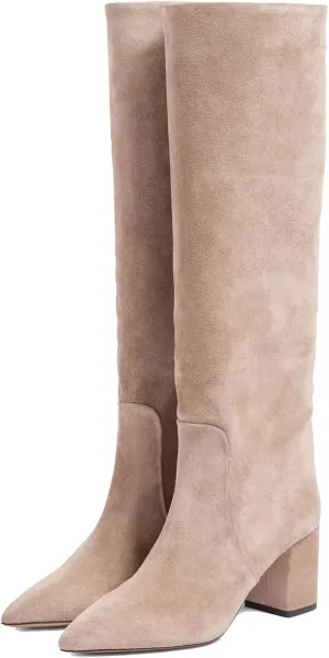 YIYA Women's Wine Red Suede Fall Knee High Boots Pointed Toe Chunky Block High Heels Party Dress Pull On Long Boots