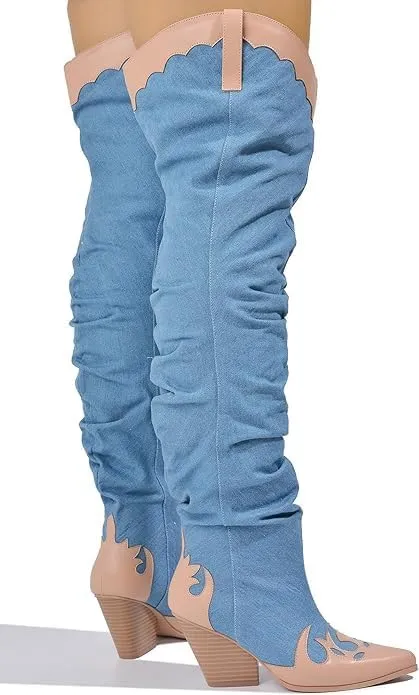 YOKI Cowgirl Boots Women, Over the Knee Western Cowboy Boots for Women with Chunky Block Heels