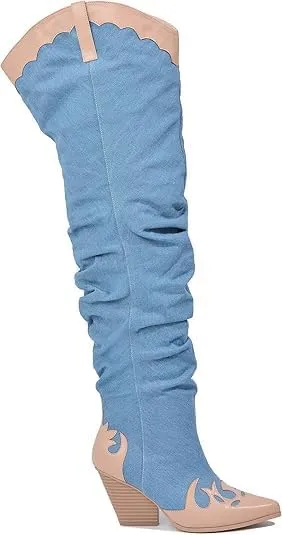 YOKI Cowgirl Boots Women, Over the Knee Western Cowboy Boots for Women with Chunky Block Heels