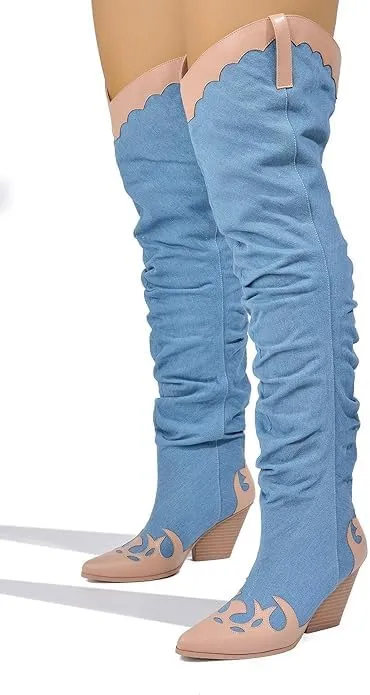 YOKI Cowgirl Boots Women, Over the Knee Western Cowboy Boots for Women with Chunky Block Heels