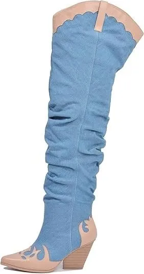 YOKI Cowgirl Boots Women, Over the Knee Western Cowboy Boots for Women with Chunky Block Heels