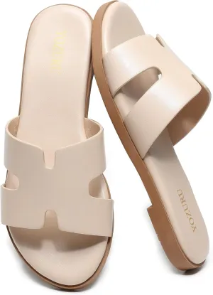 Yozuru Womens Flat Sandals Open Toe Dressy Summer Sandals Comfortable Casual Slip on Leather Slides Sandals for women