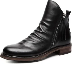 Yuizko OXNGEOS Men'S Retro Leather Chelsea Ankle Boots Classic Fashion Side Zipper Low-Heels Slip On Business Dress Oxford Boot Casual High Top Chukka Boots