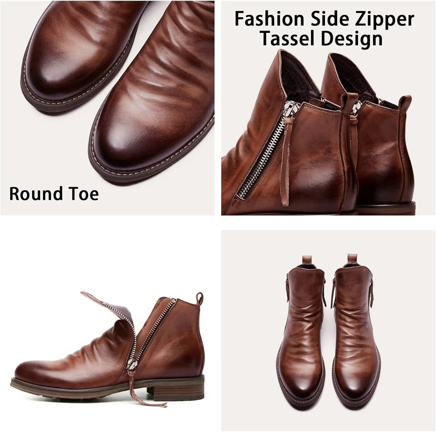 Yuizko OXNGEOS Men'S Retro Leather Chelsea Ankle Boots Classic Fashion Side Zipper Low-Heels Slip On Business Dress Oxford Boot Casual High Top Chukka Boots