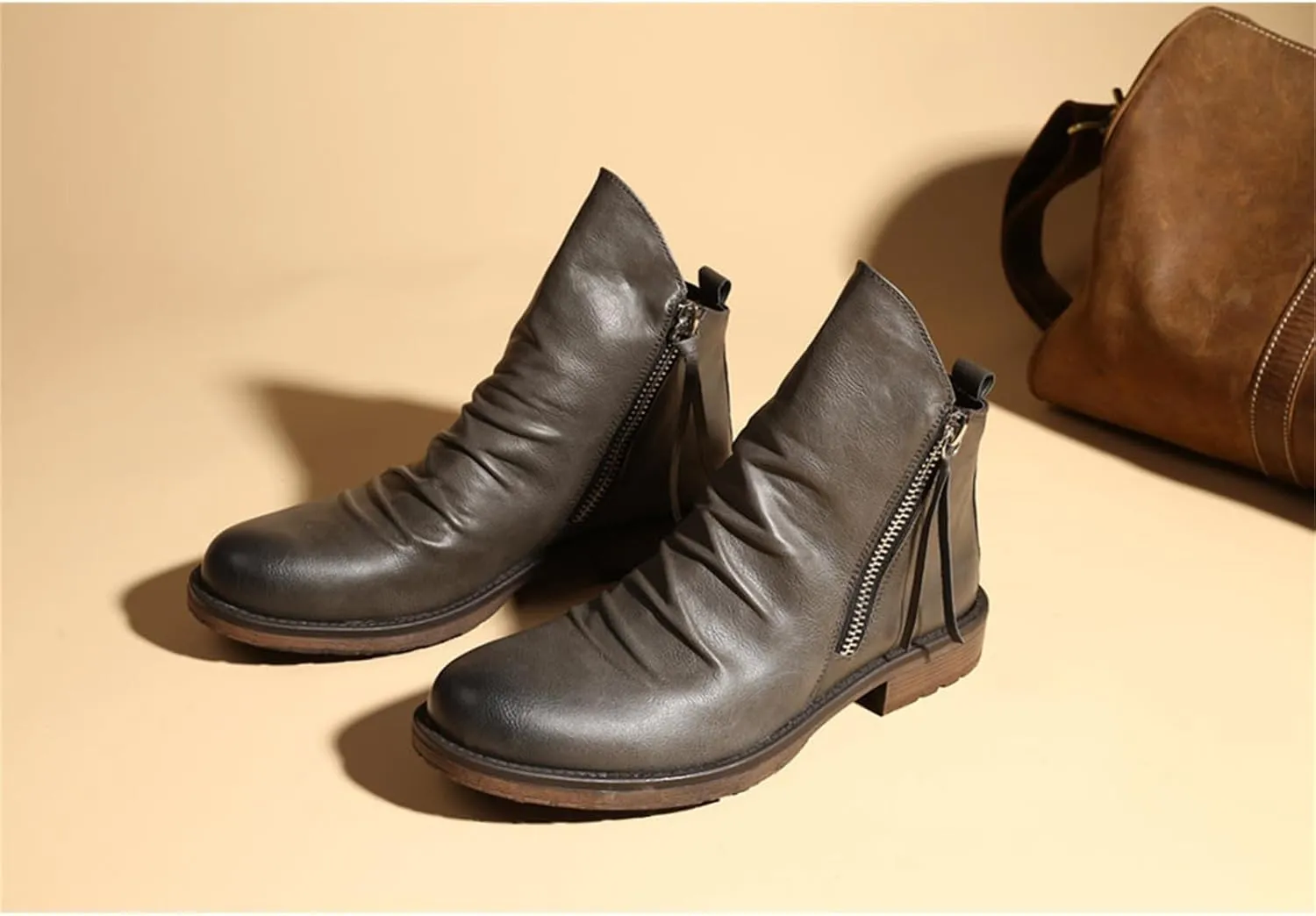 Yuizko OXNGEOS Men'S Retro Leather Chelsea Ankle Boots Classic Fashion Side Zipper Low-Heels Slip On Business Dress Oxford Boot Casual High Top Chukka Boots