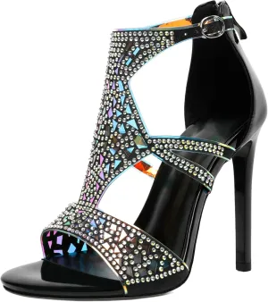 Zamikoo Heeled Sandals Open Toe Rhinestone Cutout Gladiator Heels Stiletto Sparkly Heels for Women Summer 4 Inches
