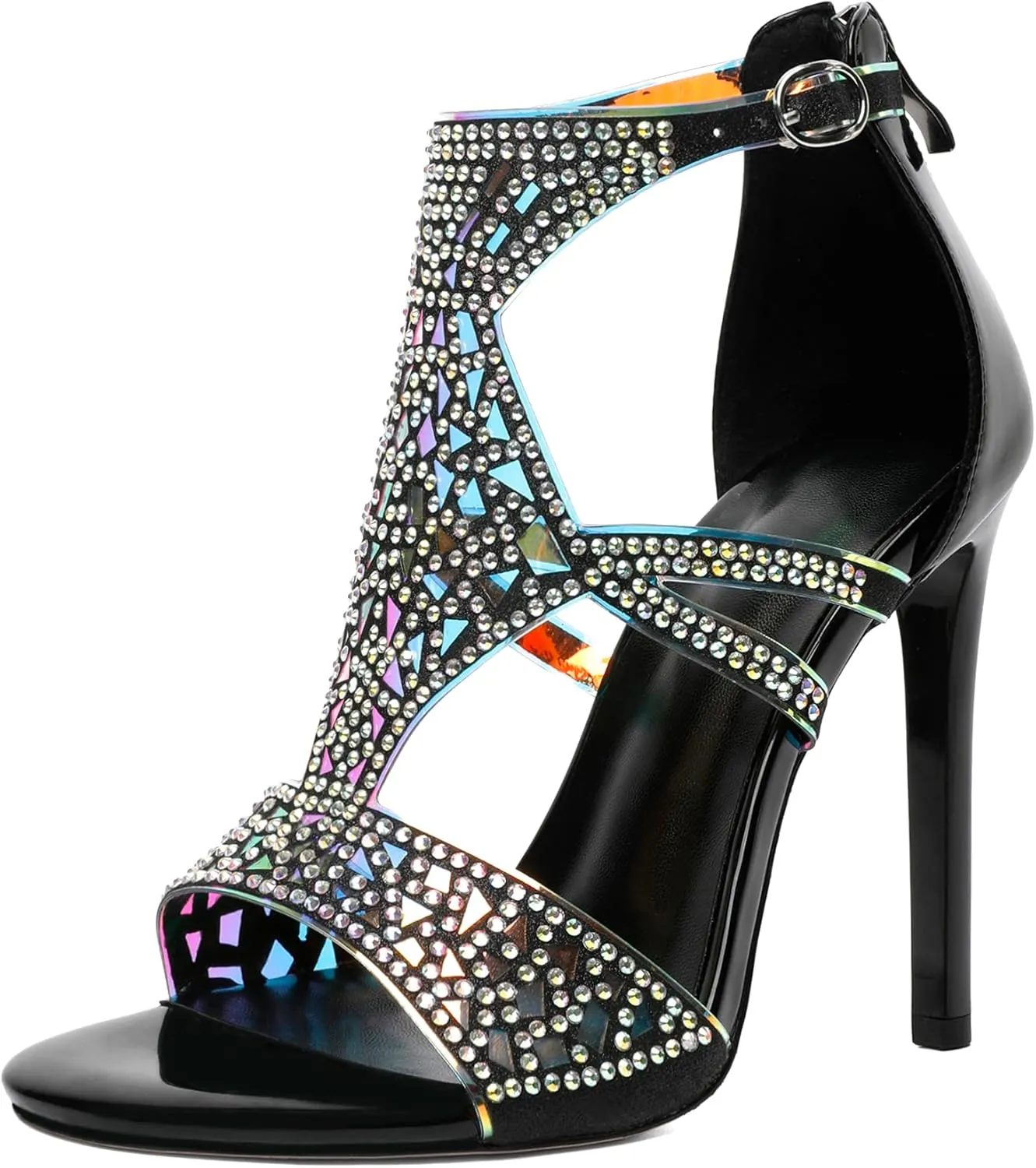 Zamikoo Heeled Sandals Open Toe Rhinestone Cutout Gladiator Heels Stiletto Sparkly Heels for Women Summer 4 Inches