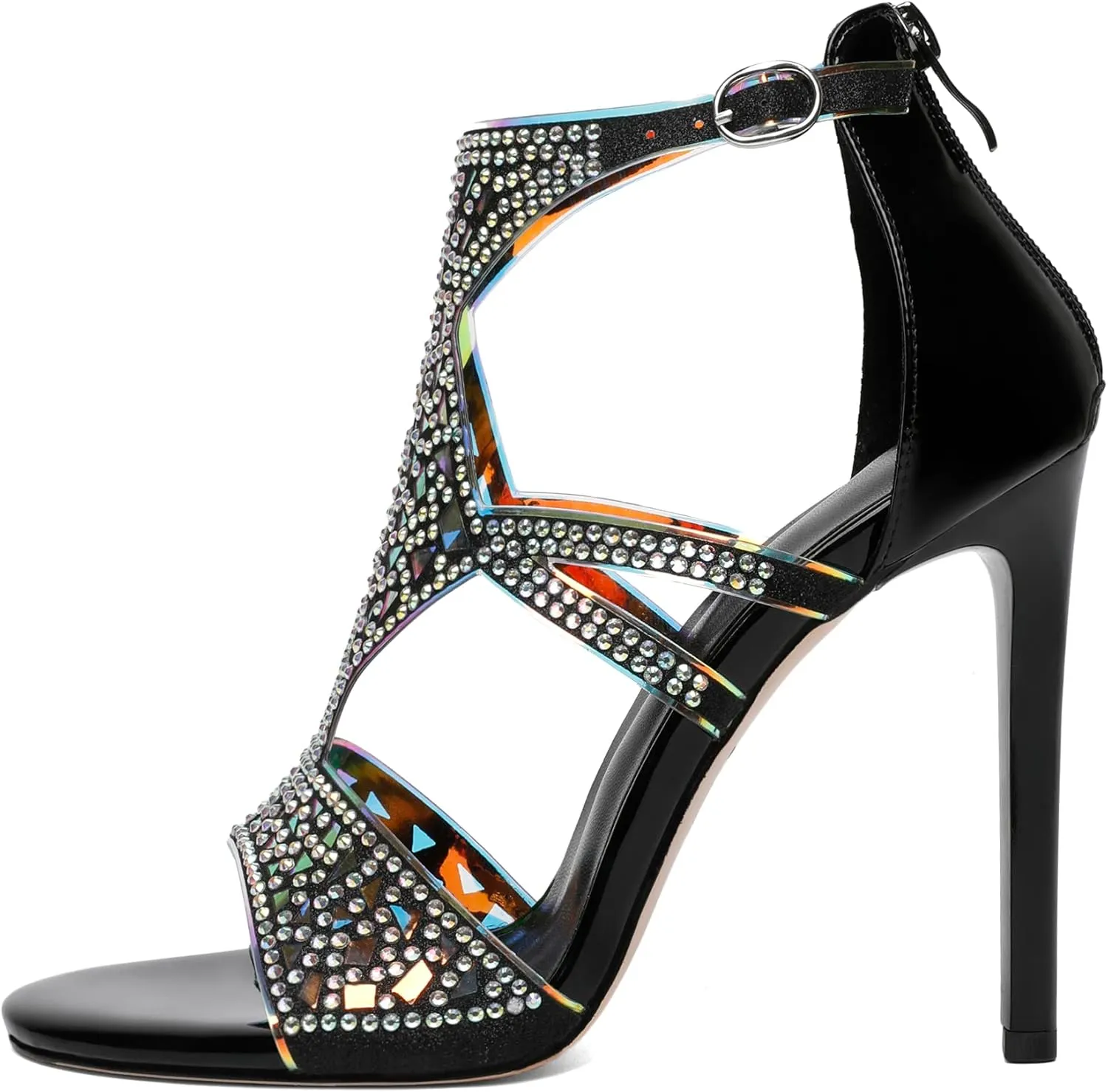 Zamikoo Heeled Sandals Open Toe Rhinestone Cutout Gladiator Heels Stiletto Sparkly Heels for Women Summer 4 Inches