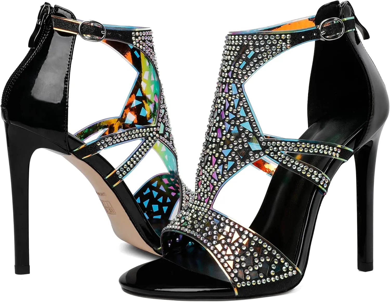 Zamikoo Heeled Sandals Open Toe Rhinestone Cutout Gladiator Heels Stiletto Sparkly Heels for Women Summer 4 Inches