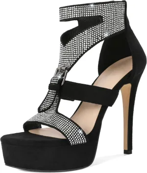 Zamikoo Womens Rhinestone Heeled Sandals Open Toe Strappy Platform Stiletto High Heel Sandals 5 Inches