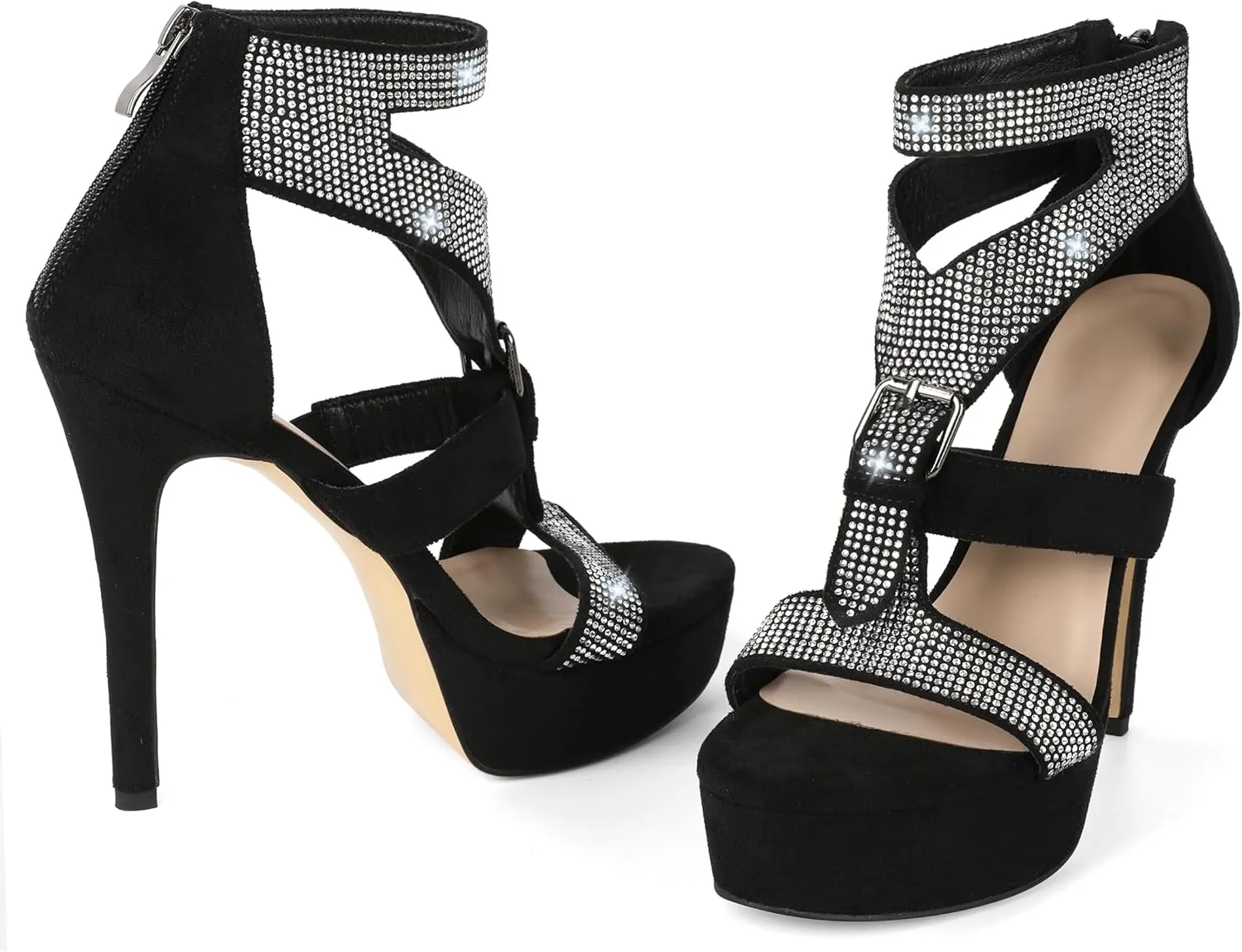 Zamikoo Womens Rhinestone Heeled Sandals Open Toe Strappy Platform Stiletto High Heel Sandals 5 Inches