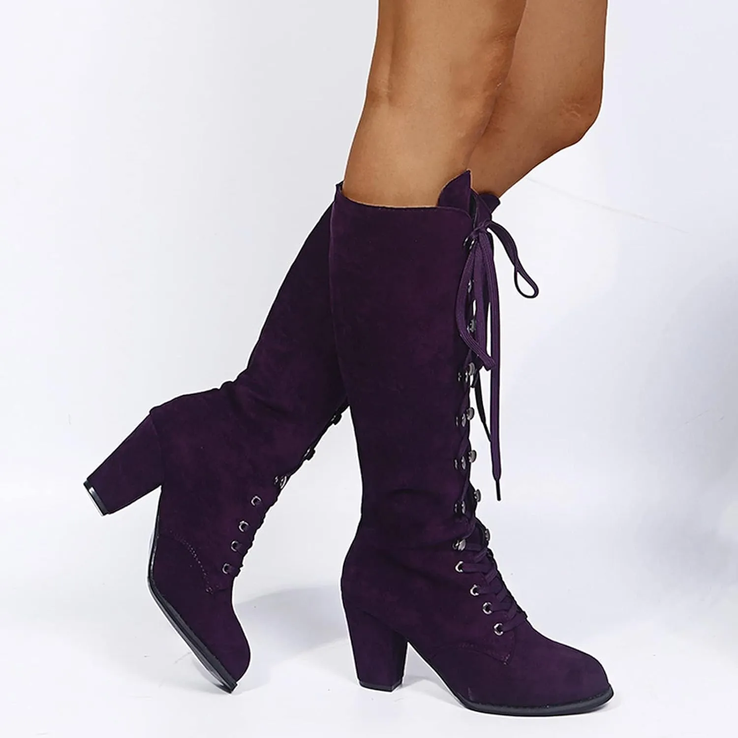 ZDLJYL Women's Gothic Mid-Calf Boots Suede Lace-Up Chunky Heel Snow Boot Leather Retro Casual Comfort Cowboy Boots for Women